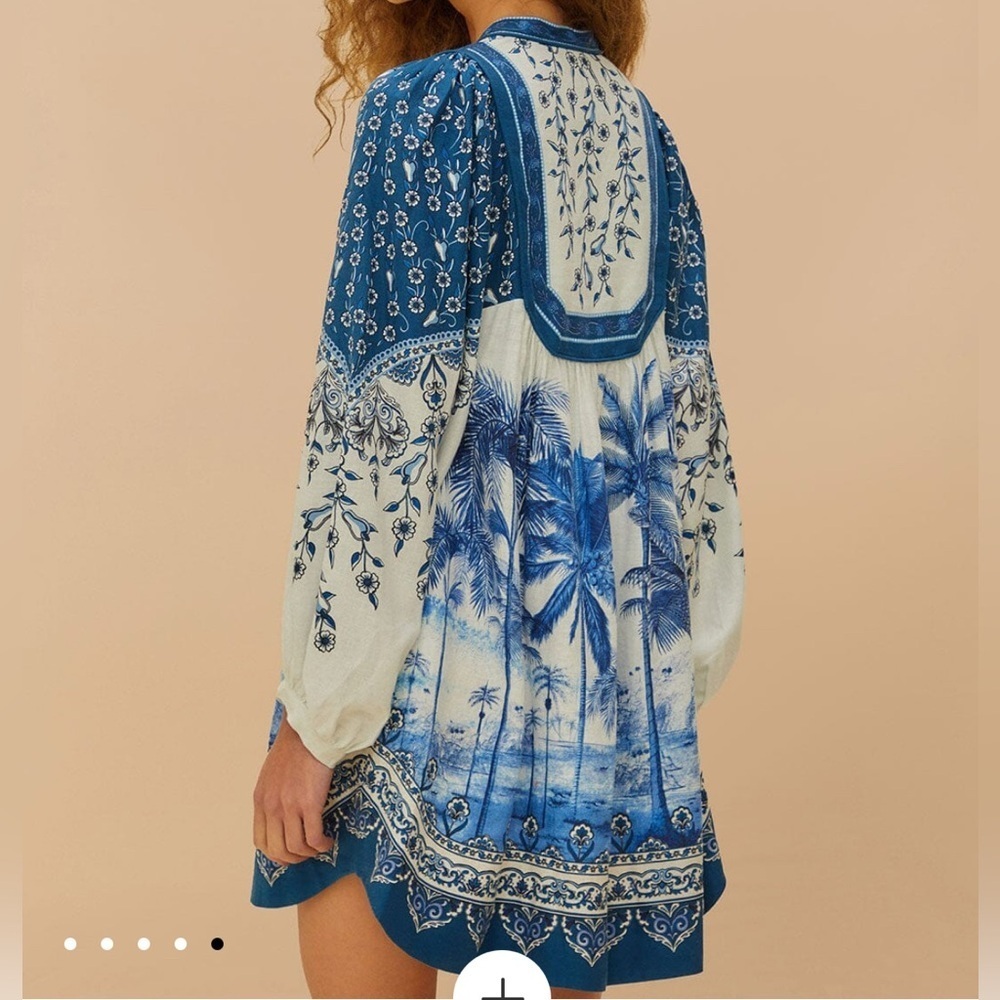 NWT Farm Rio Palm Tree Off White and blue balloon sleeve mini dress womens Small - Picture 2 of 6
